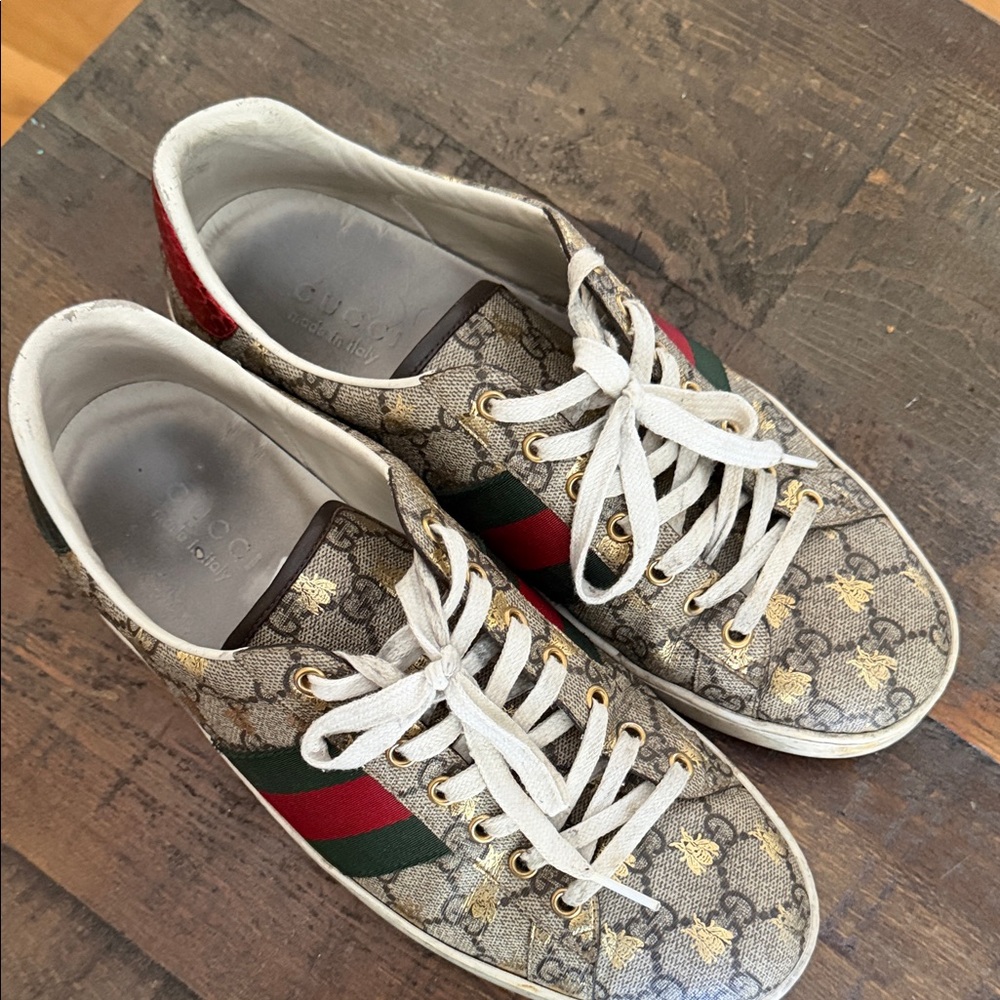 Gucci GG Canvas Bee Sneakers with Red and Green Web